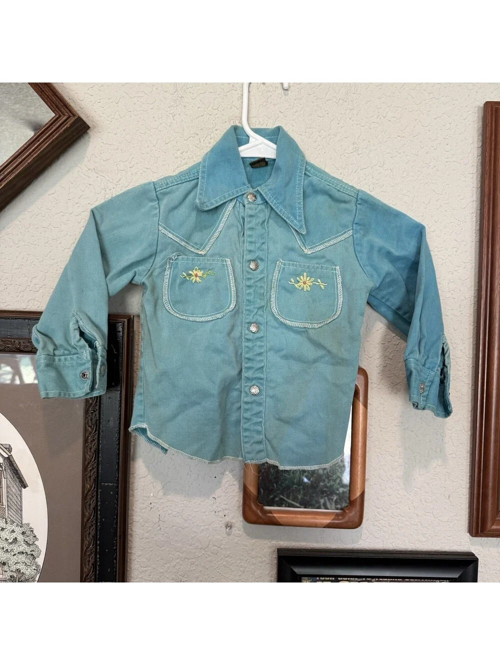 Vintage 70s RARE Blue Kids Mambro Embroidered Western Button Shirt Size Kids 5